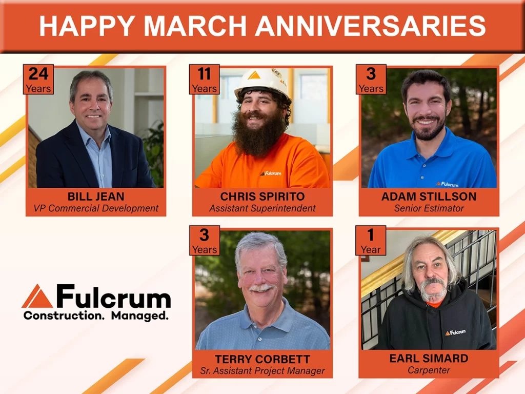 March employee anniversaries at Fulcrum Associates highlighting team members and years of service