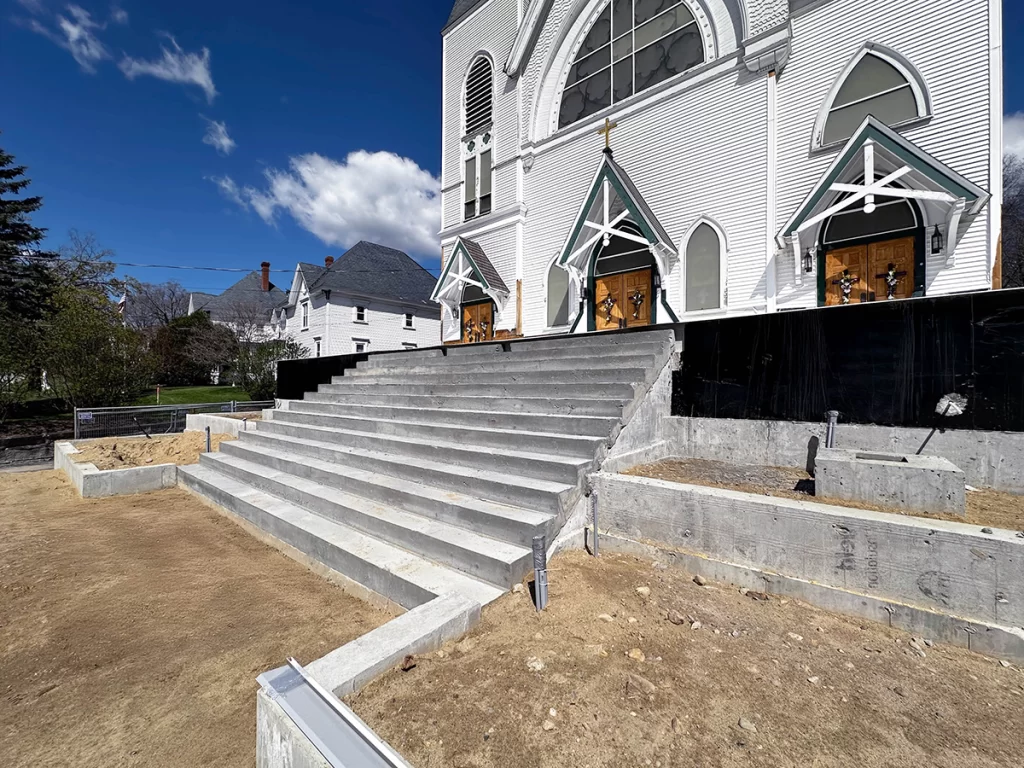 Concrete stair and entry construction at Saint Patrick Roman Catholic Church in Milford NH