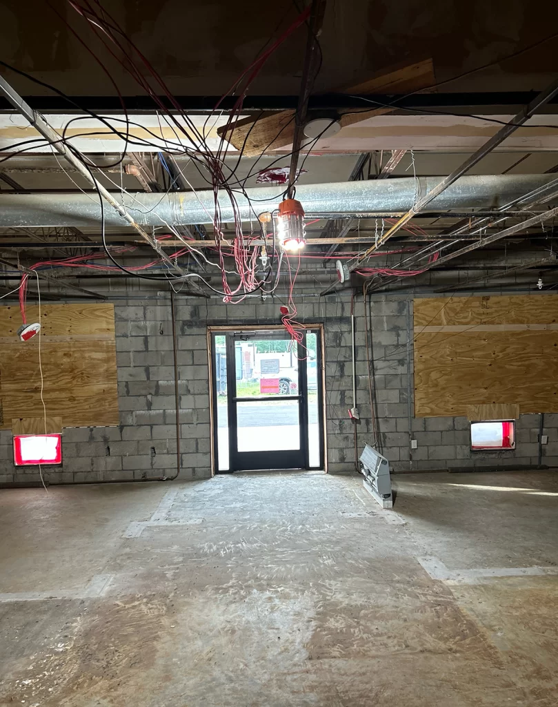 Hampstead Hospital lobby renovation during demolition with ceilings and interior finishes removed