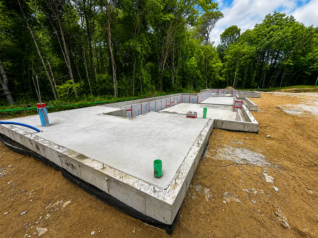 Ground-level view of the completed concrete foundation, slab, and utility penetrations for the new six-unit building at Pelham Terrace in Pelham, NH.