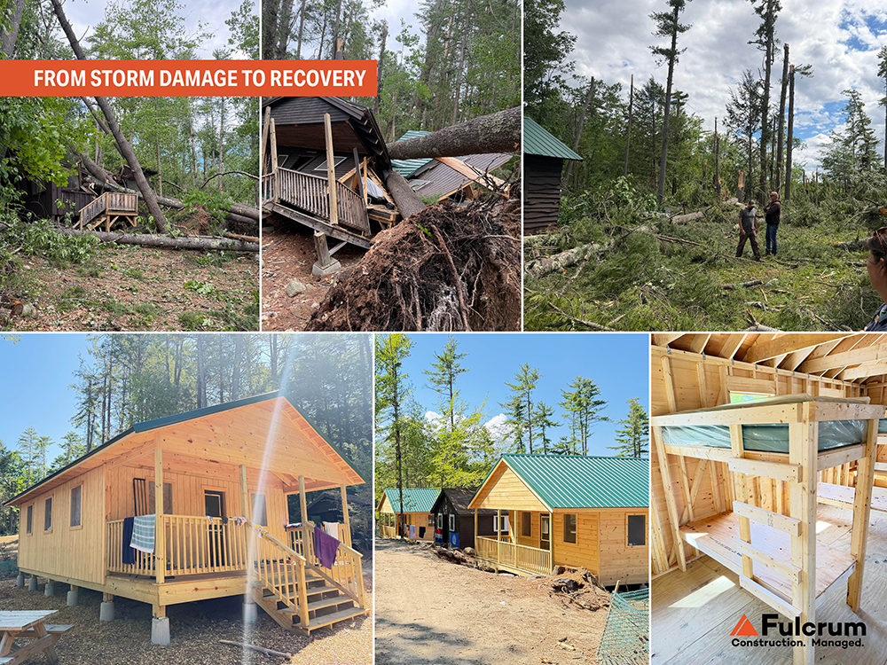 Pleasant Valley Camp storm recovery showing damaged cabins and fallen trees alongside newly rebuilt cabins and bunk beds