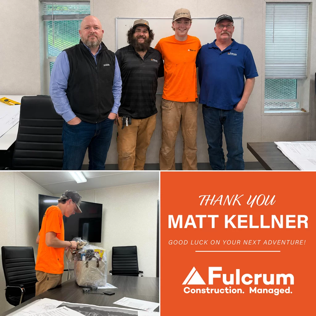 Fulcrum summer intern Matt Kellner with the Brookline Woods Project Team and receiving a farewell gift before heading to college