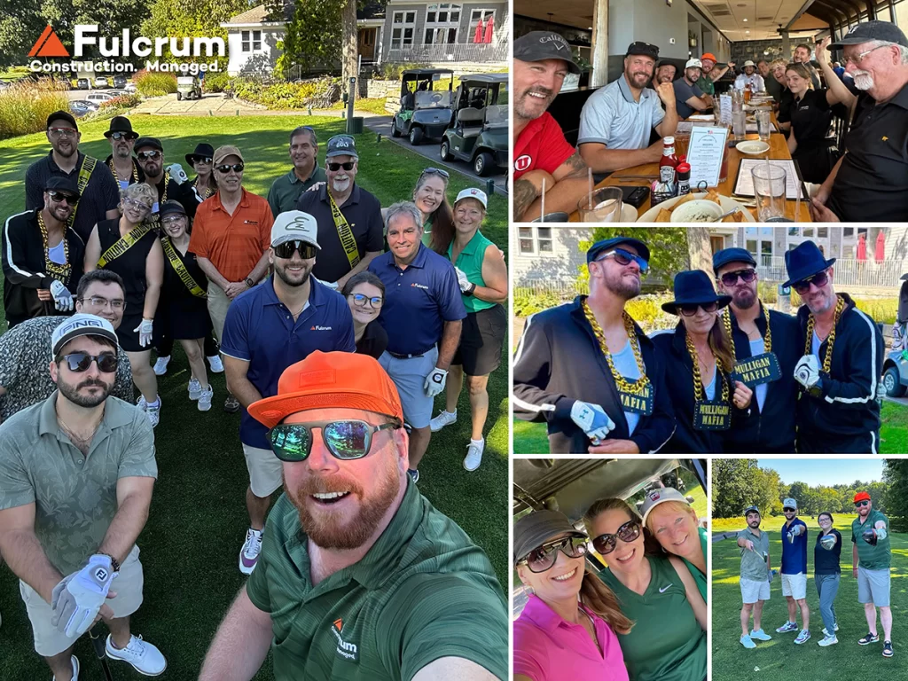 Fulcrum Associates employees enjoying the 6th Annual Employee Golf Tournament, featuring team photos, group activities, and the winning Mulligan Mafia team.