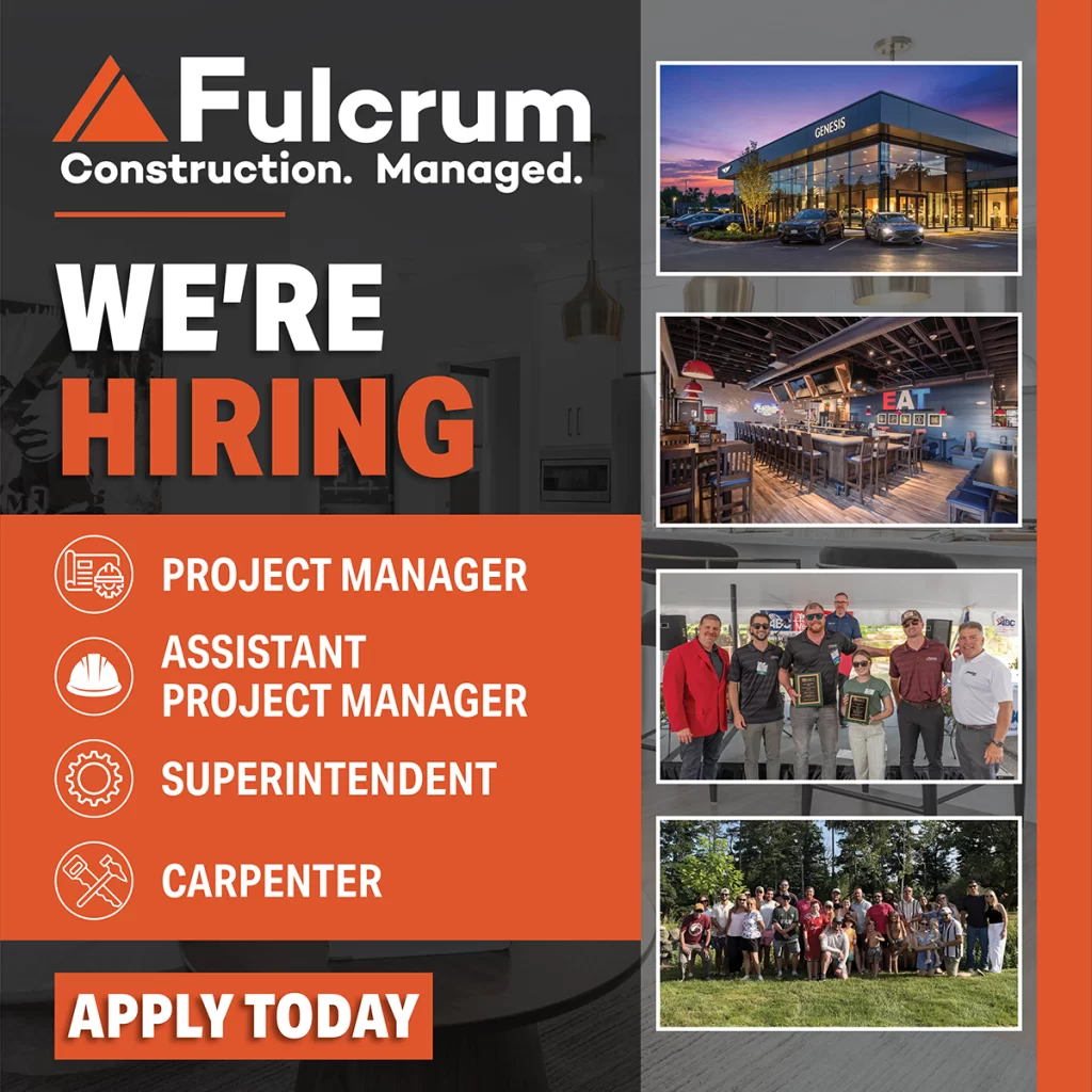 Fulcrum Associates hiring graphic advertising Project Manager, Assistant Project Manager, Superintendent, and Carpenter positions in New Hampshire, featuring completed construction projects and team photos.