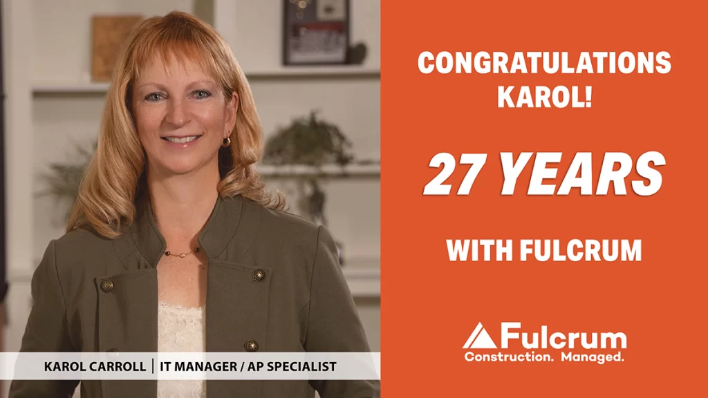 Karol Carroll, IT Manager and AP Specialist at Fulcrum Associates, celebrated for 27 years of service and dedication to the company.