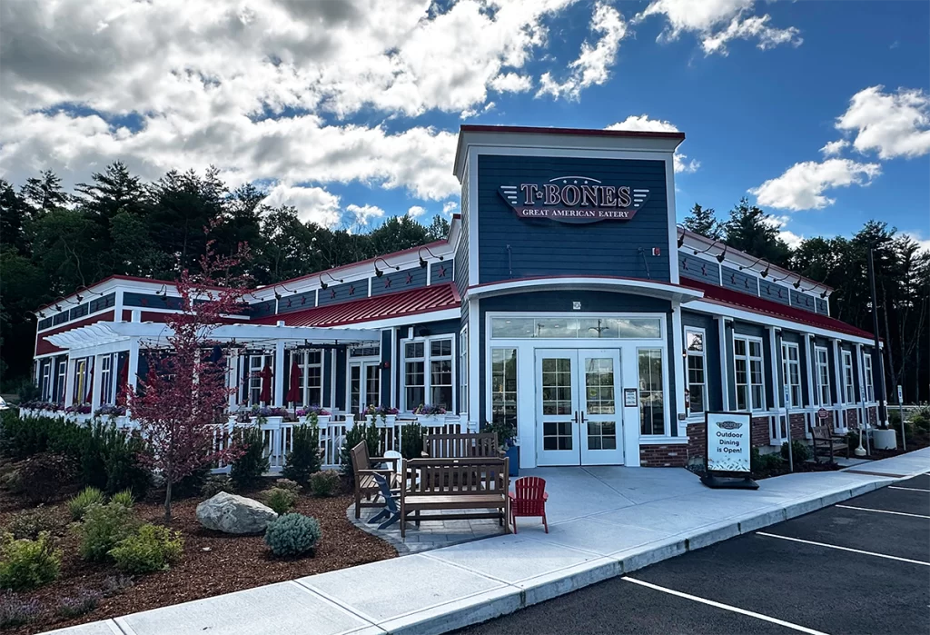 Front entrance and exterior facade of T-BONES Great American Eatery restaurant in Hudson NH
